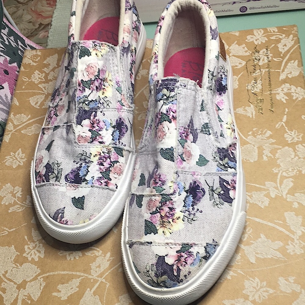 Beautiful Blowfish Floral Canvas Slip-On Shoes in shades of purple and pink